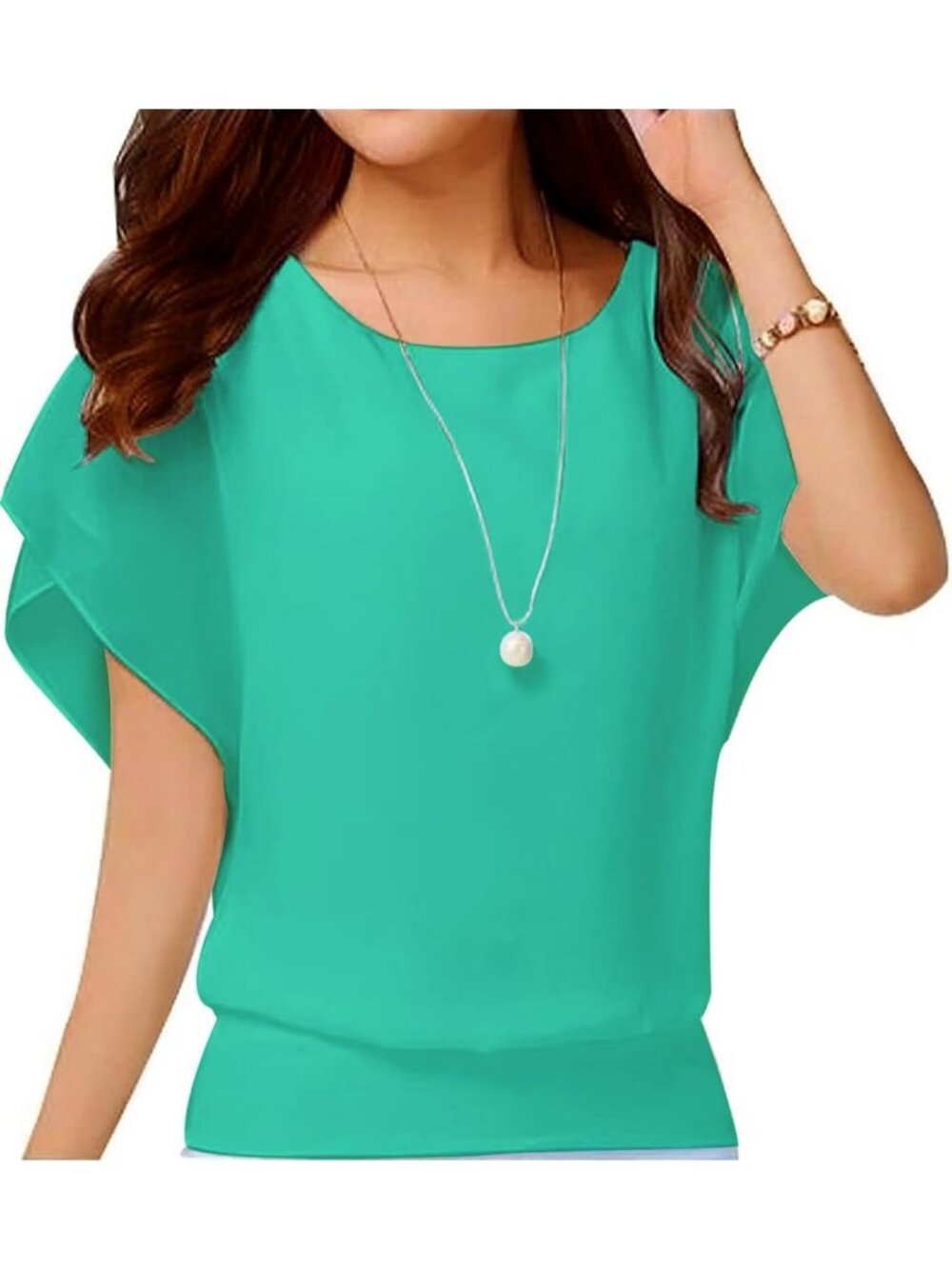 Women's Lake Blue Elegant Loose Casual Short Sleeve Chiffon Top T Shirt Blouses